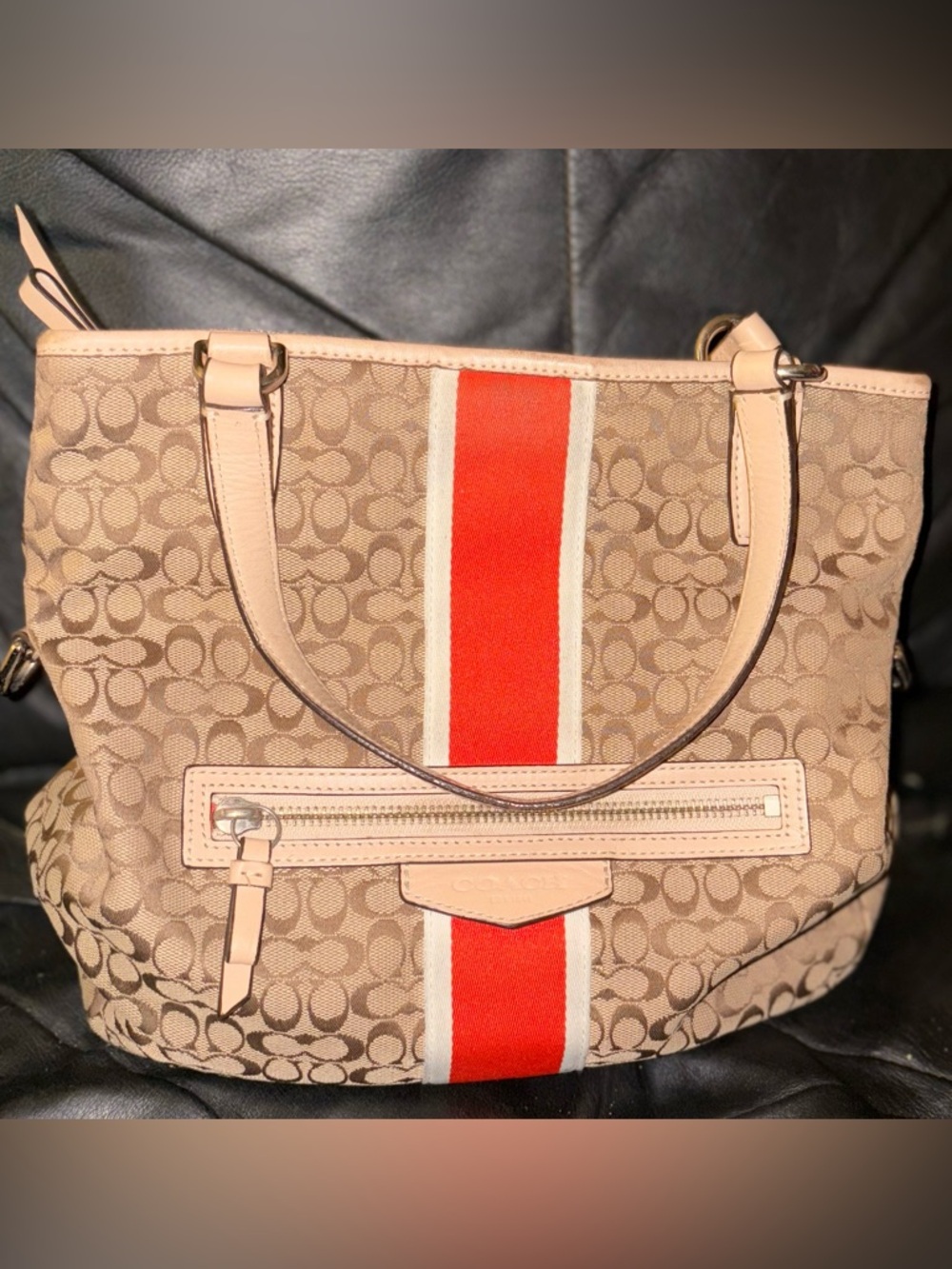 Coach Beige Signature Canvas Tote with Bright Orange Stripe